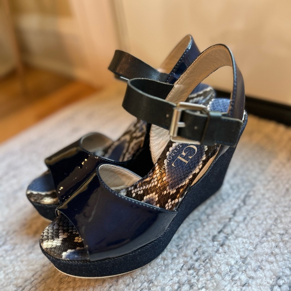 AGL Women’s Snakeskin Leather Patent Navy Denim Ankle Strap Wedges Shoes